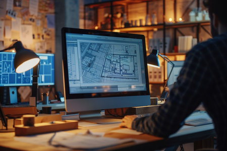 Architect working on computer in office. Architect working on blueprint at workplace. Construction conceptの素材