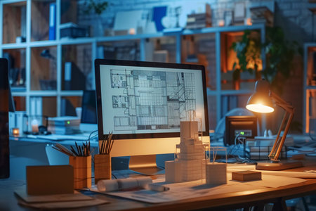 Interior of modern office at night. Workplace with computer and architectural project. Construction conceptの素材