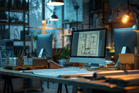 Architectural workplace with computers and drawings. 3d rendering.の素材
