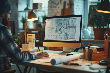 Architect working on drawing table in office. Construction design concept.の素材