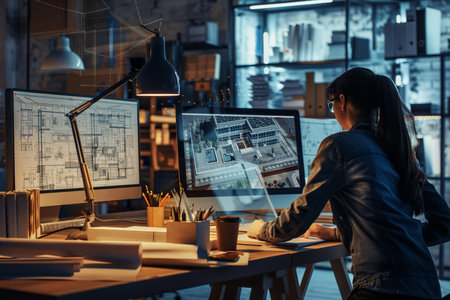 Side view of female architect working on computer while sitting at desk in officeの素材