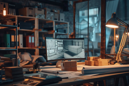 Architectural workplace with blueprints and computer. 3d renderingの素材