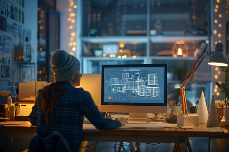 Young woman working on computer in office at night. Side view.の素材