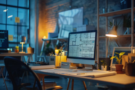 Working place in office at night. Workplace with computer and other itemsの素材