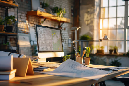 Close-up of modern workplace with computer, papers and other items on it. Blurred backgroundの素材