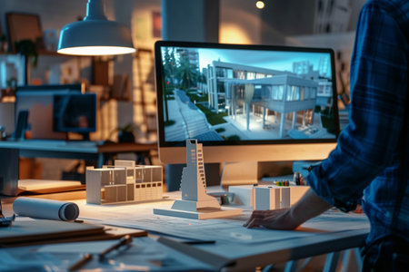 Architect working on blueprint in office at night. Construction concept.の素材