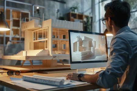 Architect working on blueprint at desk in office. Construction concept.の素材