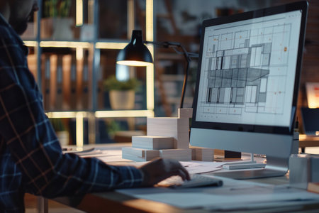 Architect working on drawing table in office at night. Construction concept.の素材