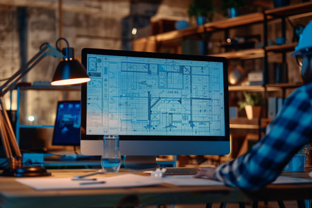 Architect working on computer at night in office. Construction concept.の素材