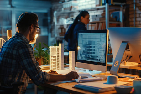 Architects working on project in office. Young man in checkered shirt and glasses sitting at desk and working with computer.の素材