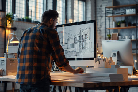 Architect working on drawing table in office. Construction design concept.の素材