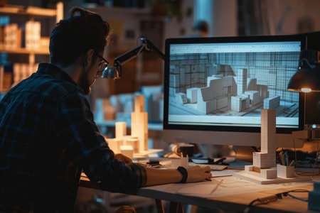 Architect working on drawing table in office at night. Construction conceptの素材