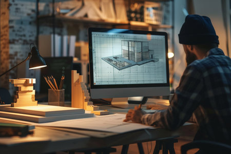 Architect working on drawing table in office at night. Construction conceptの素材