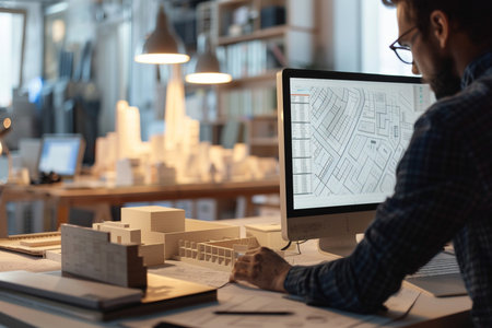 Architect working on blueprint at table in office, closeup. Construction conceptの素材