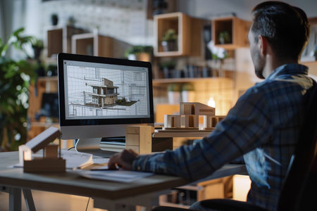 Architect working on computer in office at night. Construction concept.の素材
