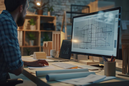 Architect working on drawing table in office at night. Construction conceptの素材