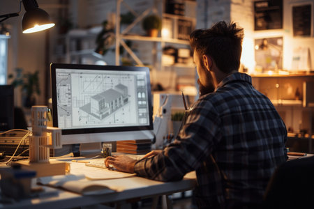 selective focus of architect working with blueprint on computer at night officeの素材