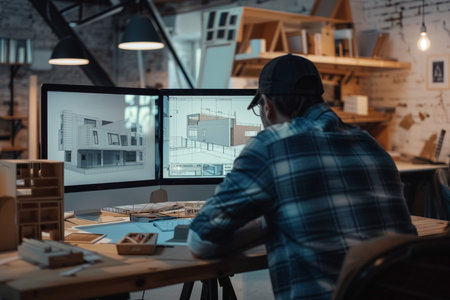 Architect working on drawing table in office. Architectural project.の素材