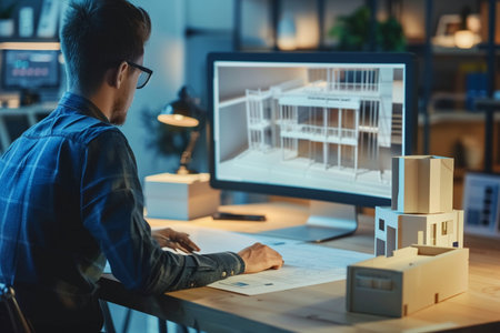 Architect working on drawing table in office at night. Construction conceptの素材