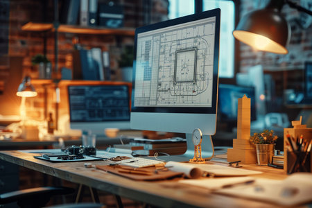 Architecture and construction concept - close up of blueprint on computer in officeの素材