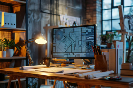Workplace of architect. Dark-haired designer sitting at the table and working on a projectの素材