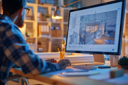 Architect working on drawing table in office at night. Construction conceptの素材