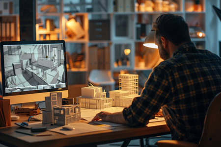 Architect working on computer at night in office. Architectural project.の素材