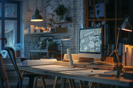 Architect workplace with computer, blueprints and blueprint on table in officeの素材