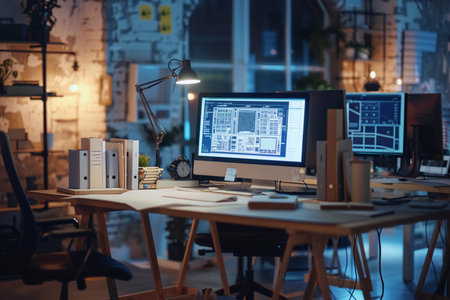 Businessman working in office late at night. He is using a computer.の素材