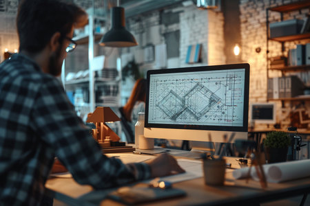 Architect working on drawing table in office at night. Construction conceptの素材