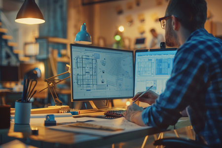 Architect working on blueprint at night in office. Construction concept.の素材