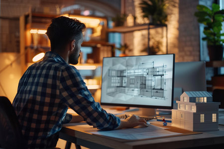 Architect working on blueprint in office at night. Construction concept.の素材