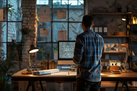 Architect working on blueprint at night in office. Construction concept.の素材