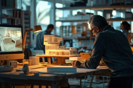 Architect working on a model of a house in a modern officeの素材