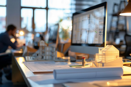 Architecture and construction concept - close up of model house on desk in officeの素材