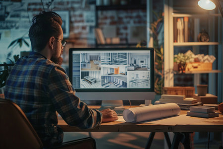 Architect working on drawing table in office. Young man in checkered shirt and eyeglasses working on computer at night.の素材