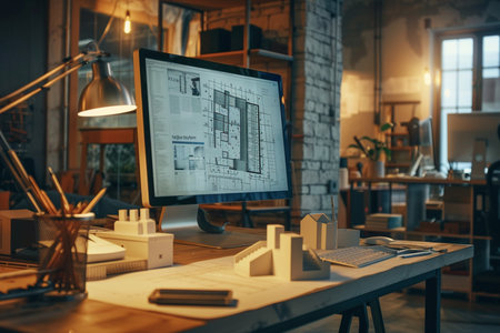 Architect working on computer in office at night. Architectural projectの素材