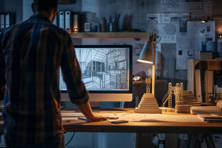 Architect working on drawing table in office at night. Construction concept.の素材
