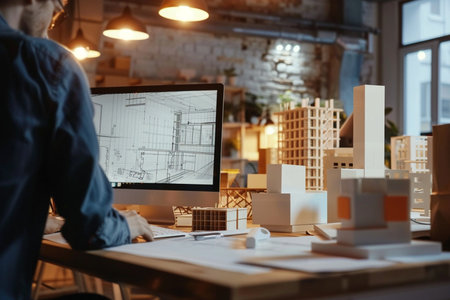 Cropped image of architect working on blueprint while sitting at the table in officeの素材