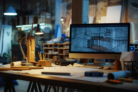 Architectural table with drawings and computer at night. Construction conceptの素材