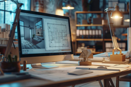 Architect workplace with computer and blueprint. Design concept. 3D Renderingの素材