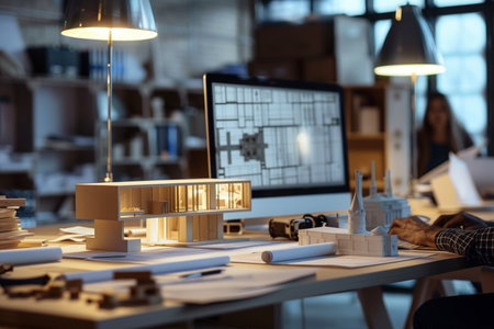 Architect working on blueprint in office. Architect workplace. Construction conceptの素材