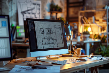 Architect workplace with computer and blueprint in office. Engineering concept.の素材