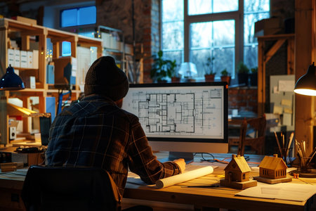 Architect working on blueprint at night in office. Construction concept.の素材