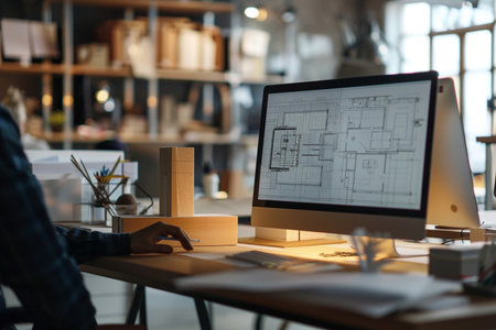 Architect working on drawing table in office. Architect workplace. Construction conceptの素材