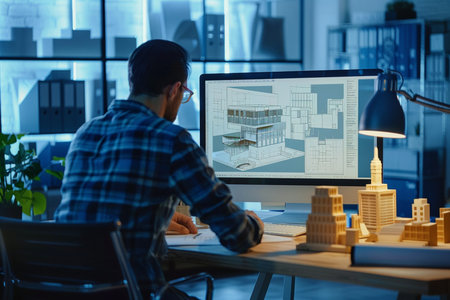 Architect working on project in office at night. Construction concept.の素材