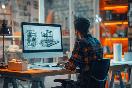 Young architect working on computer in office. He is sitting at desk and looking at blueprint.の素材