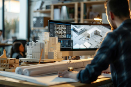 Architect working on blueprint at desk in office. Construction concept.の素材