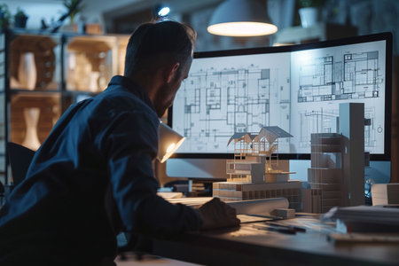 Architect working on blueprint at night in office. Architect concept.の素材