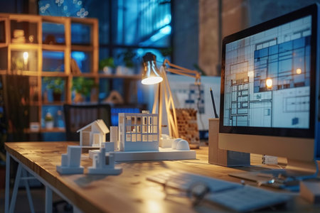 Architecture and construction concept. Close up of model of house on table in officeの素材